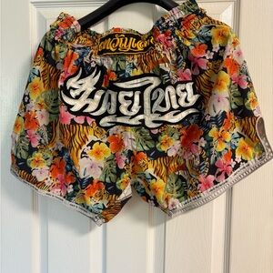 Muay Thai Warrior Shorts Silver Embroidered Patch Floral Tiger Indonesia